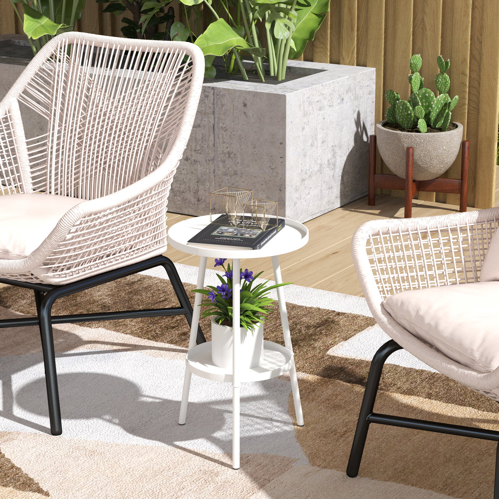 Mesa de jardim redonda de 2 níveis mesa de exterior ø32x51 cm com bandeja inferior e estrutura de metal branco
