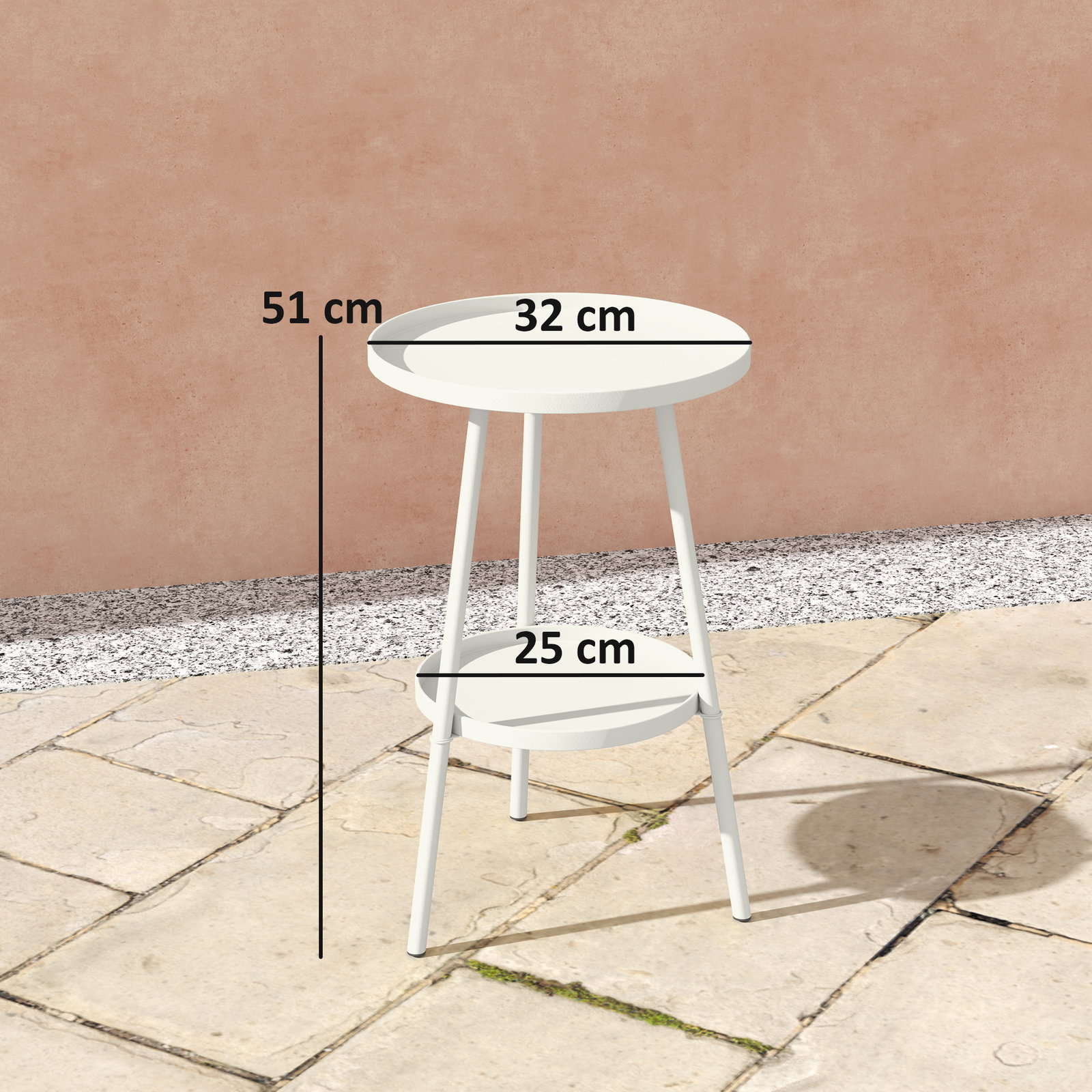 Mesa de jardim redonda de 2 níveis mesa de exterior ø32x51 cm com bandeja inferior e estrutura de metal branco