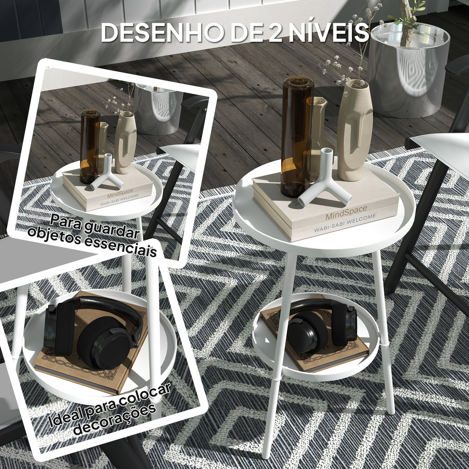 Mesa de jardim redonda de 2 níveis mesa de exterior ø32x51 cm com bandeja inferior e estrutura de metal branco