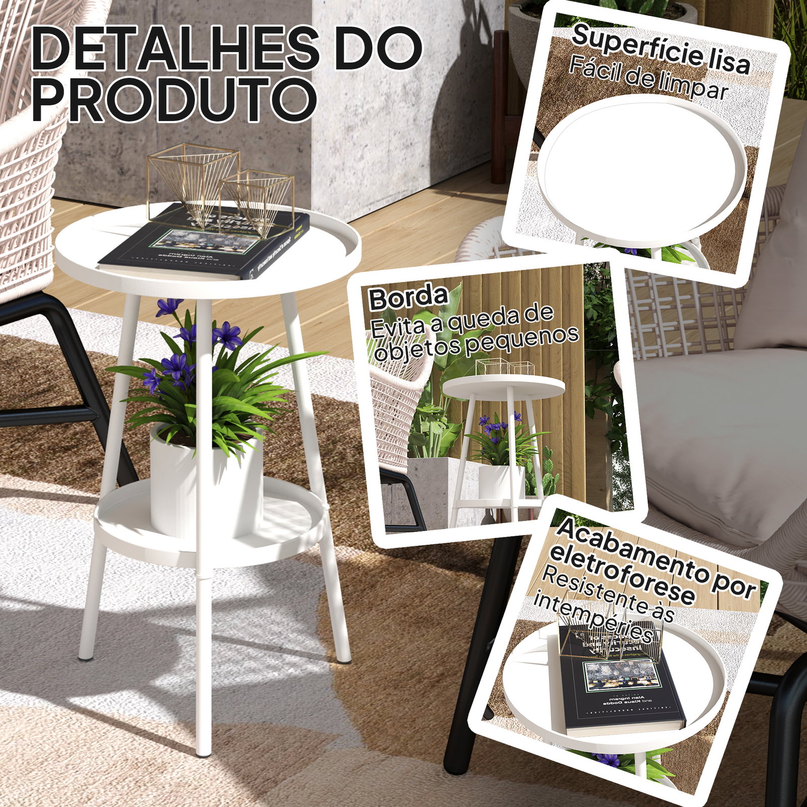 Mesa de jardim redonda de 2 níveis mesa de exterior ø32x51 cm com bandeja inferior e estrutura de metal branco