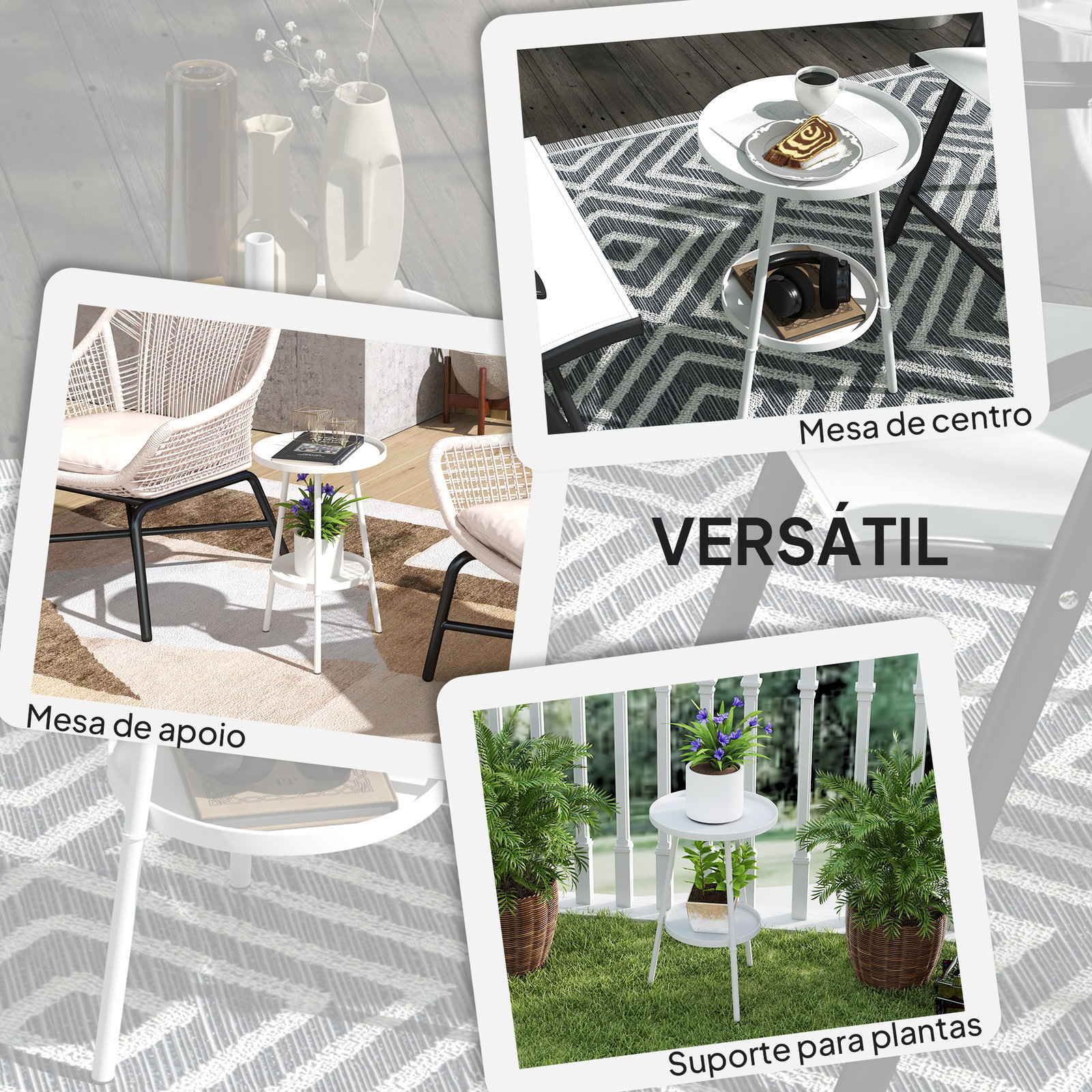 Mesa de jardim redonda de 2 níveis mesa de exterior ø32x51 cm com bandeja inferior e estrutura de metal branco