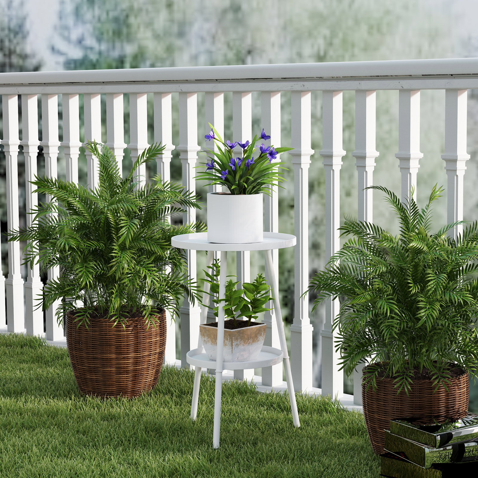 Mesa de jardim redonda de 2 níveis mesa de exterior ø32x51 cm com bandeja inferior e estrutura de metal branco