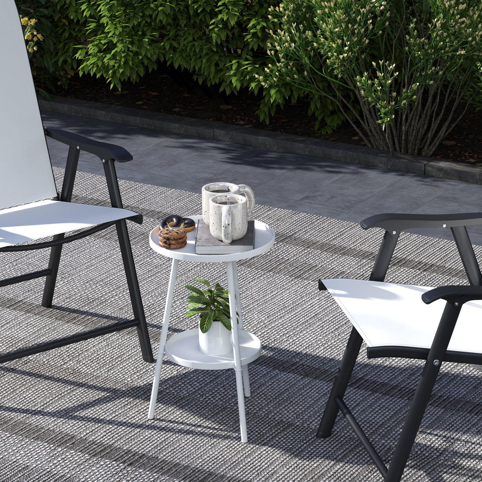 Mesa de jardim redonda de 2 níveis mesa de exterior ø32x51 cm com bandeja inferior e estrutura de metal branco
