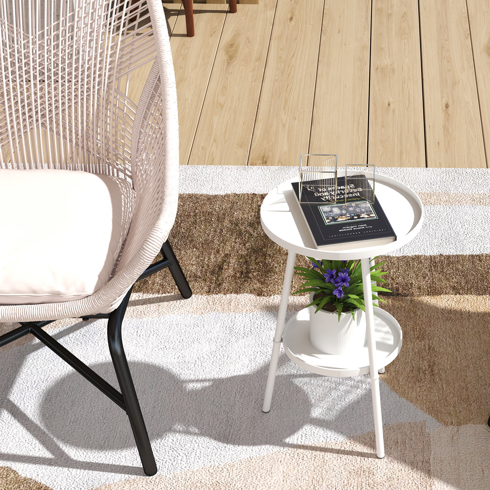 Mesa de jardim redonda de 2 níveis mesa de exterior ø32x51 cm com bandeja inferior e estrutura de metal branco