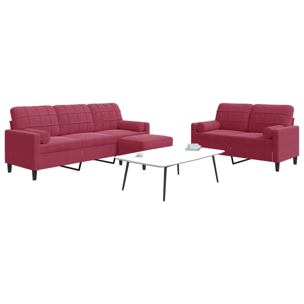 3Pcs conjunto sofás c/ almofadões e rolos veludo vermelho tinto