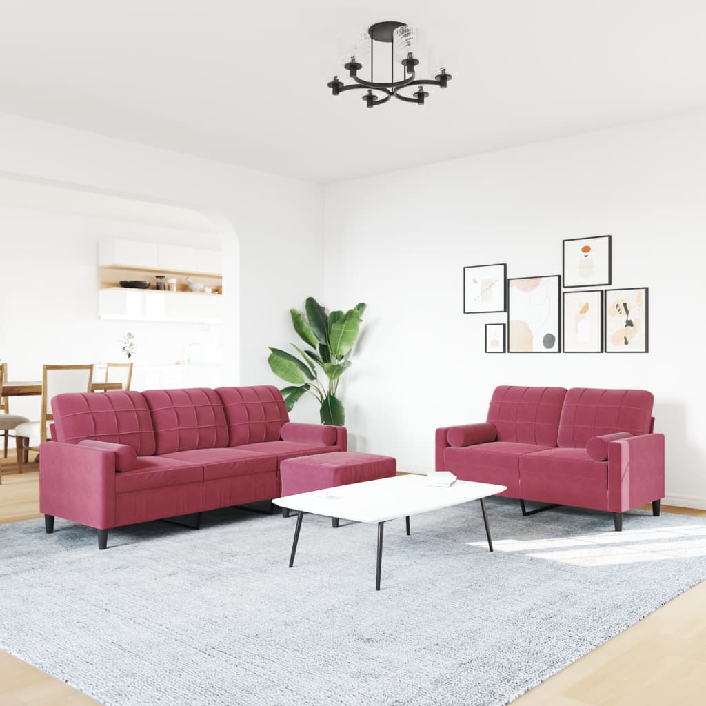 3Pcs conjunto sofás c/ almofadões e rolos veludo vermelho tinto
