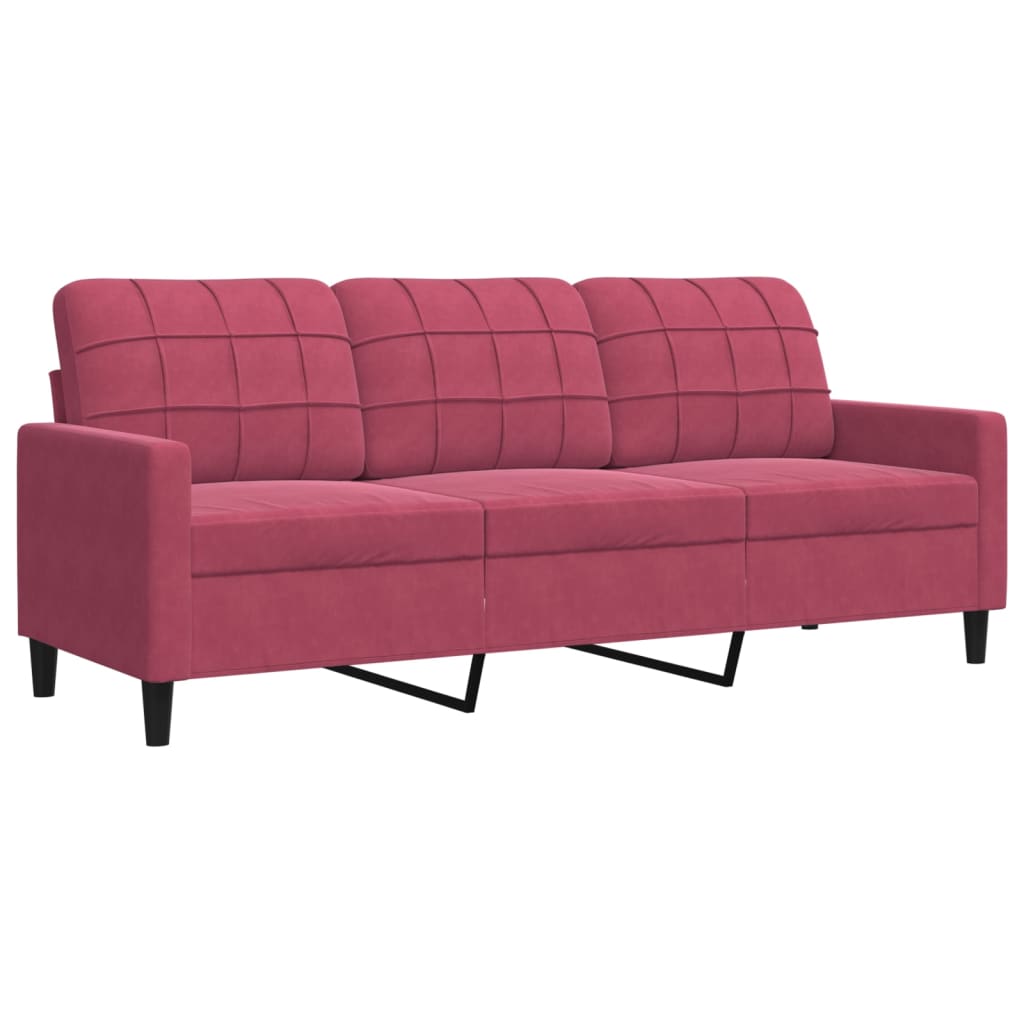 3Pcs conjunto sofás c/ almofadões e rolos veludo vermelho tinto