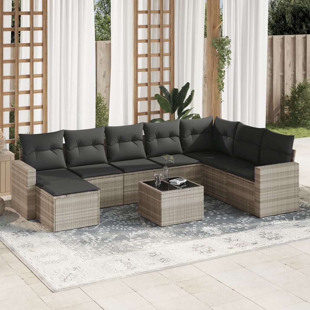 9 Pcs conj. sofás jardim com almofadões vime PE cinzento-claro