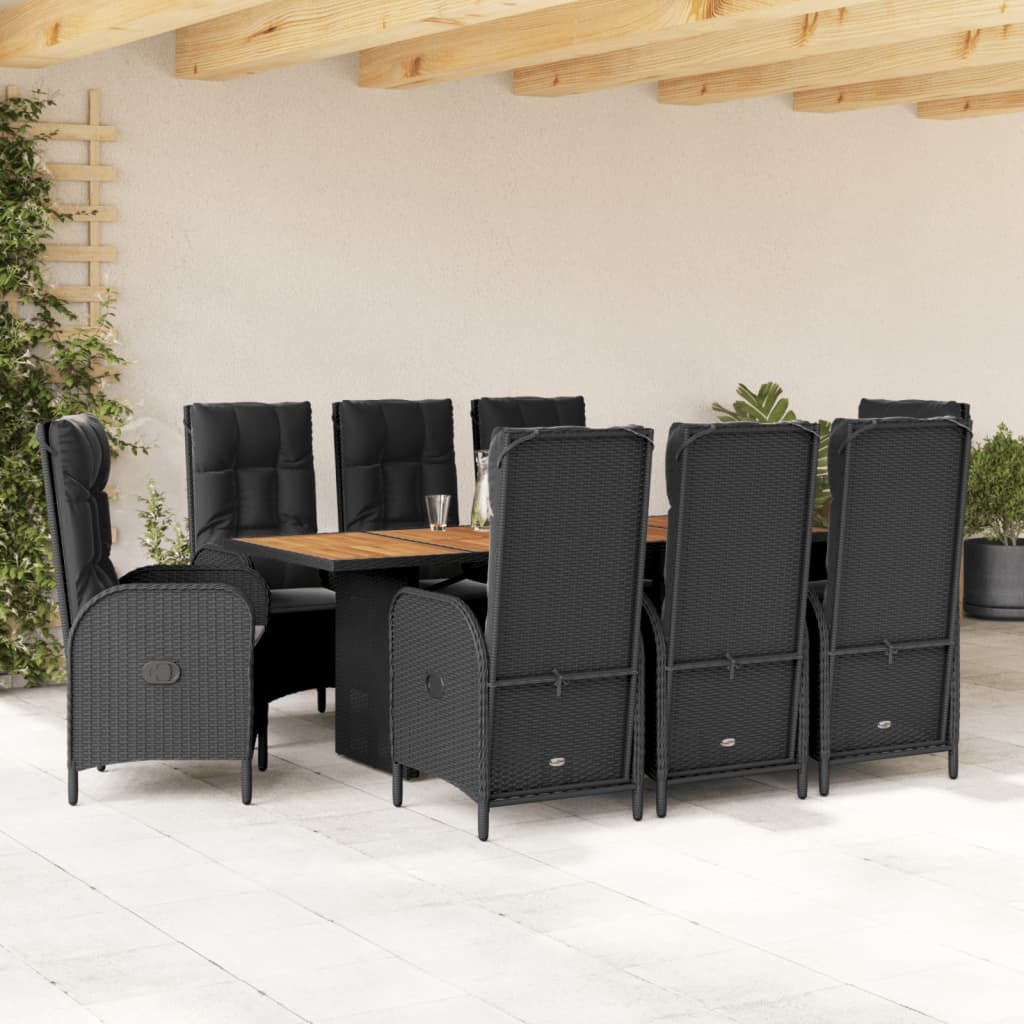 9 Pcs conjunto de jantar p/ jardim c/ almofadões vime PE preto