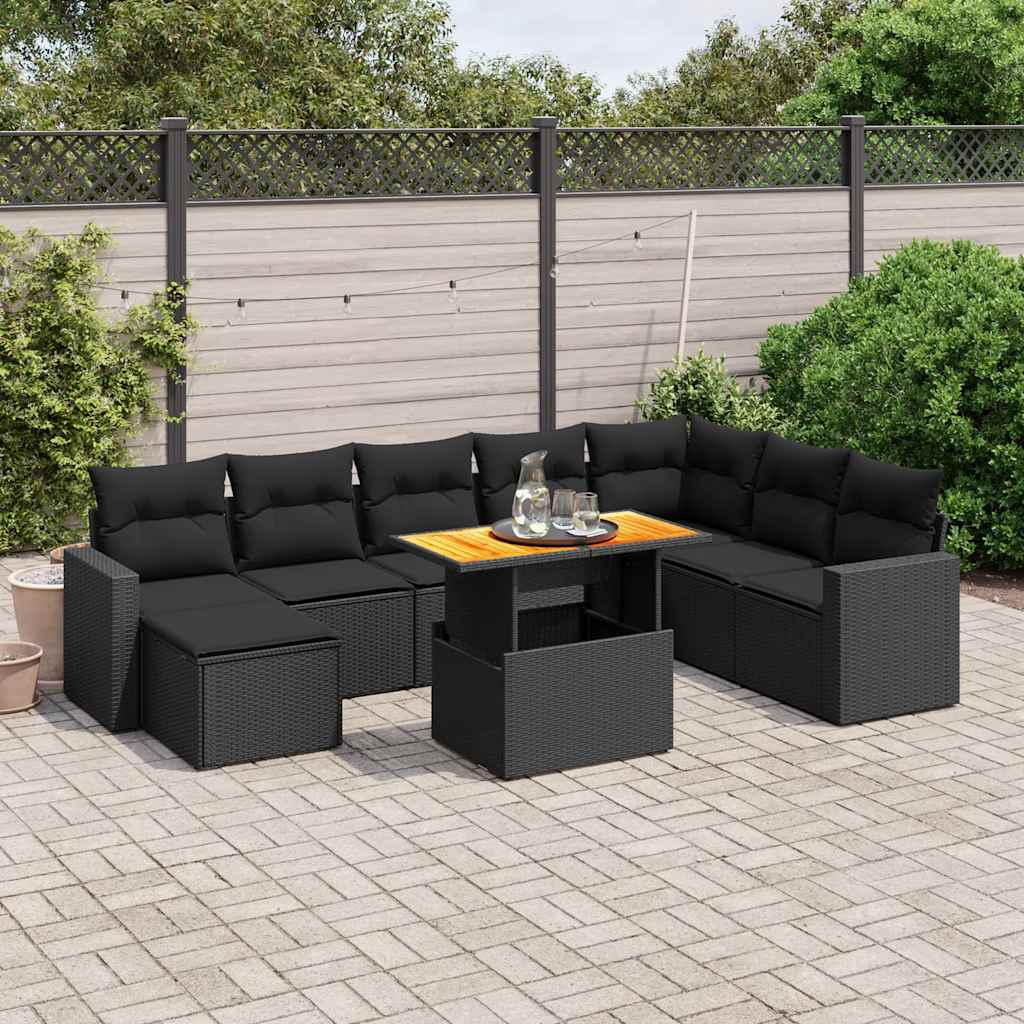 9 Pcs conjunto de sofás p/ jardim c/ almofadões vime PE preto