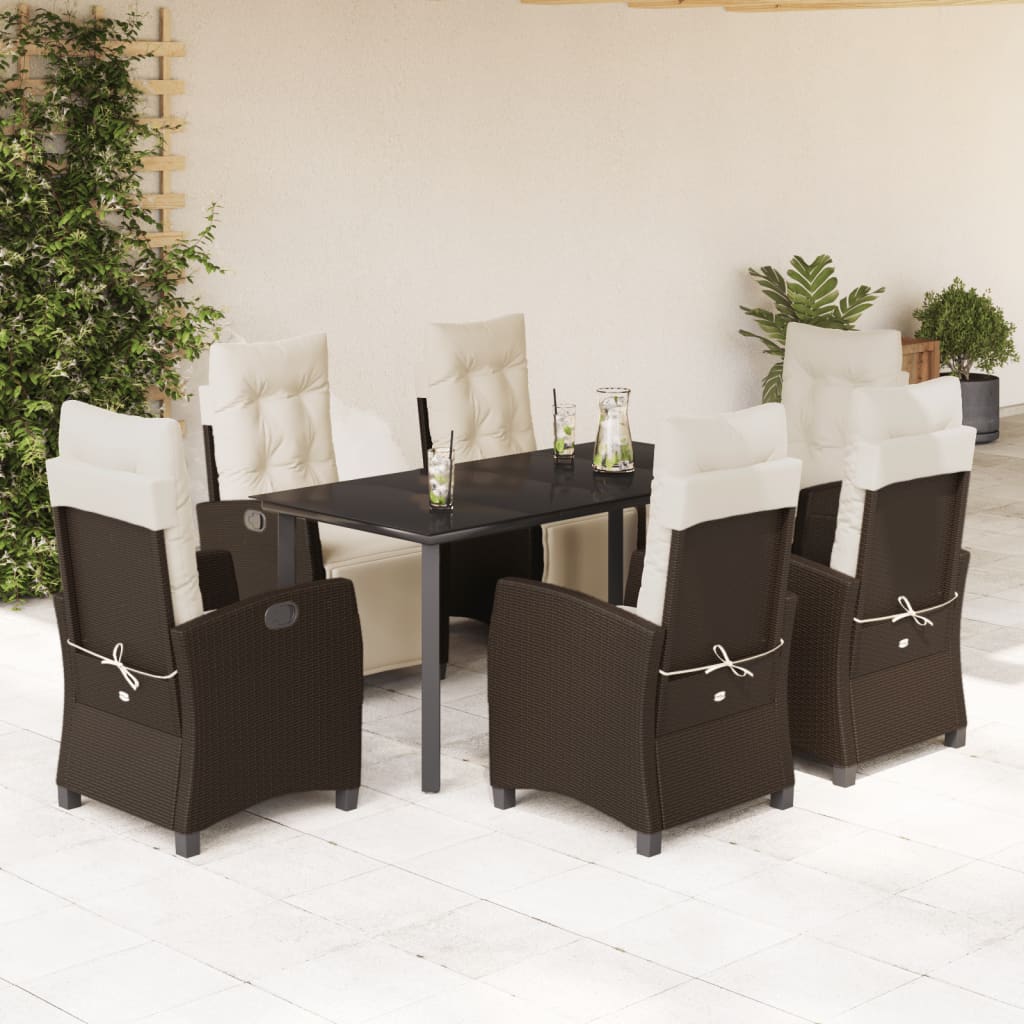 7 Pcs conjunto jantar p/ jardim c/ almofadões vime PE castanho