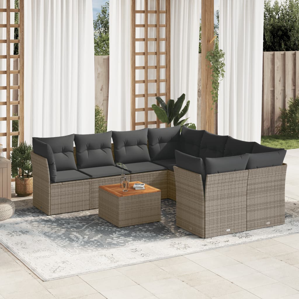 9 Pcs conjunto sofás p/ jardim com almofadões vime PE cinzento