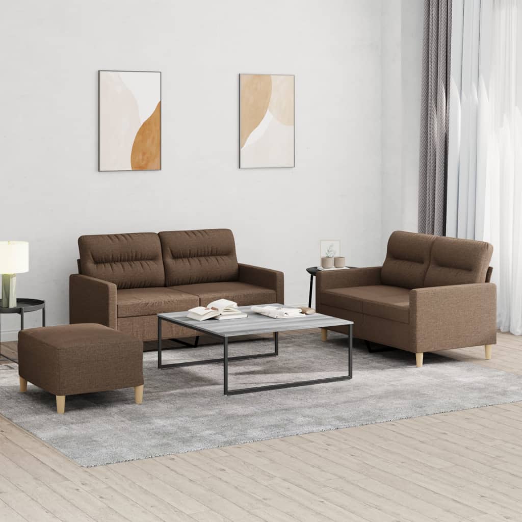 3 Pcs conjunto de sofás com almofadões tecido castanho
