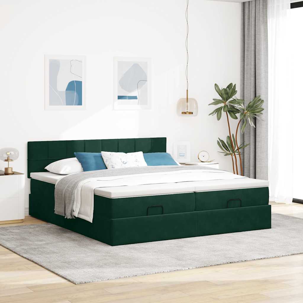 Estrutura de cama otomana com colchão verde escuro veludo
