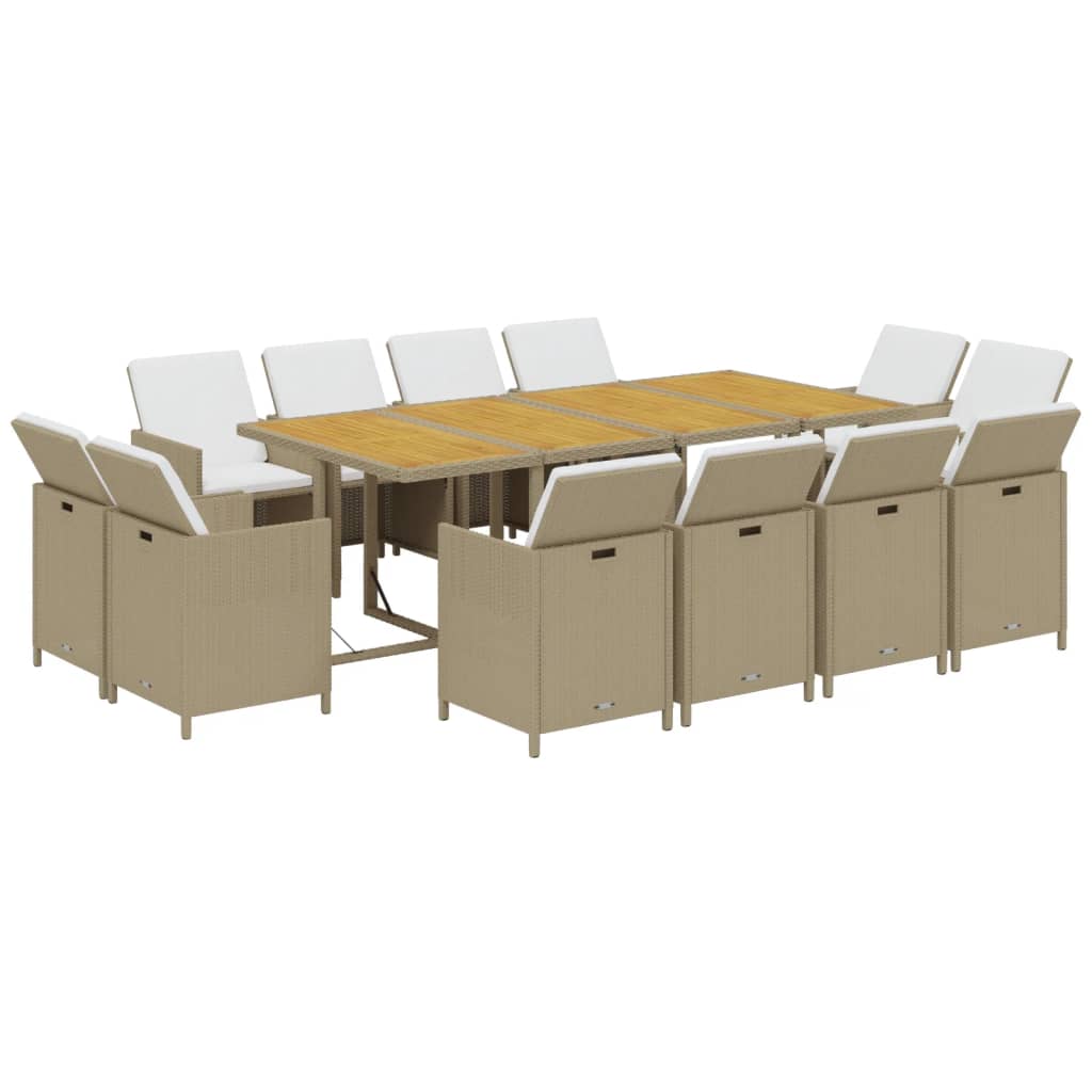 13 Pcs conjunto jantar p/ jardim c/ almofadões vime PE bege