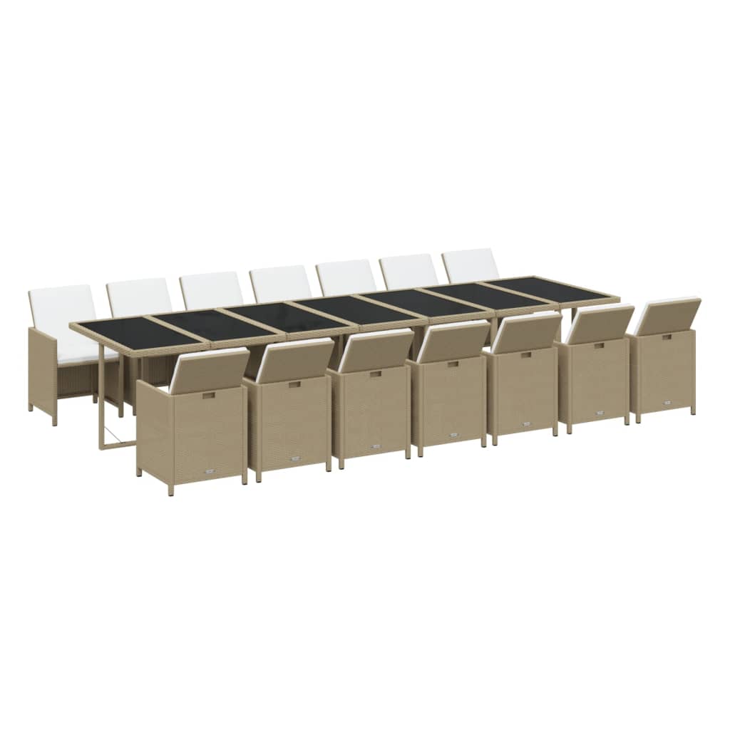 15 Pcs conjunto jantar p/ jardim c/ almofadões vime PE bege