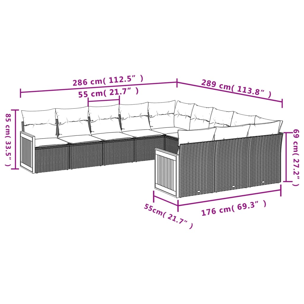 11 Pcs conjunto sofás de jardim c/ almofadões vime PE preto