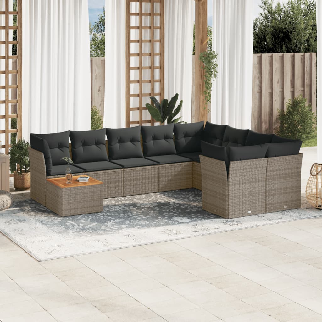 10 Pcs conjunto sofás de jardim c/ almofadões vime PE cinzento