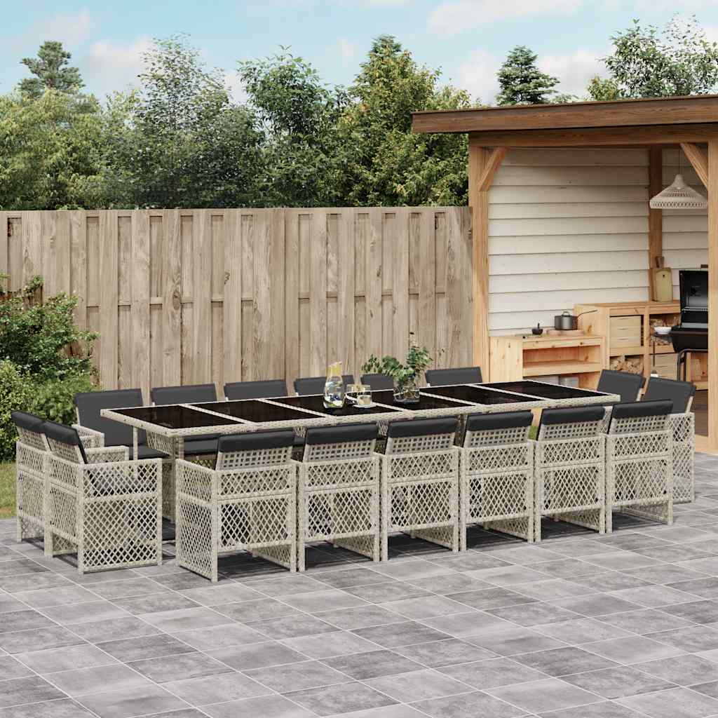 17 Pcs conj. jantar jardim c/ almofadões vime PE cinzento-claro