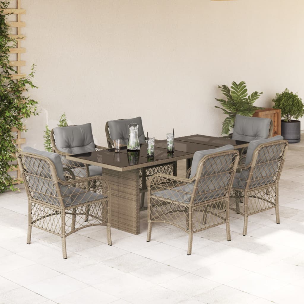 7 Pcs conj. jantar jardim c/ almofadões vime PE bege misturado