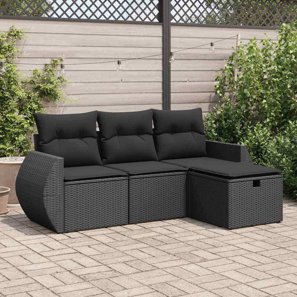 4 Pcs conjunto de sofás para jardim c/ almofadões vime PE preto