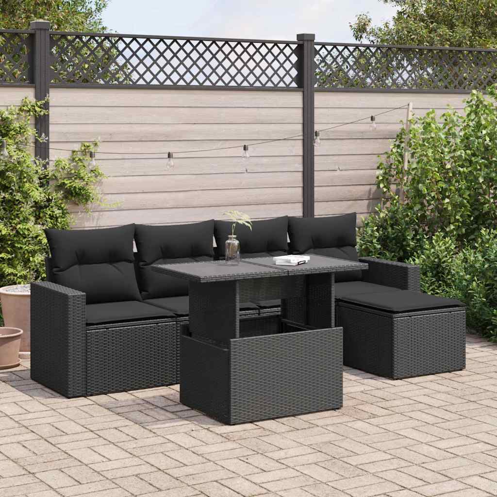 6 Pcs conjunto sofás de jardim c/ almofadões vime PE preto