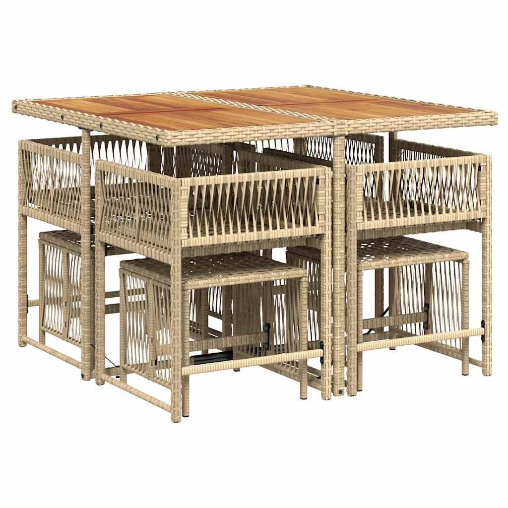 9 Pcs conjunto de jantar p/ jardim com almofadões vime PE bege