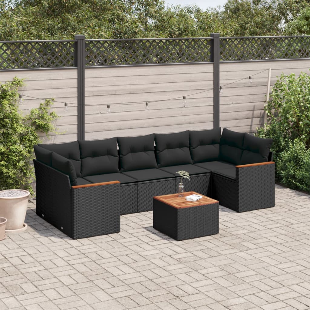 8 Pcs conjunto sofás de jardim com almofadões vime PE preto