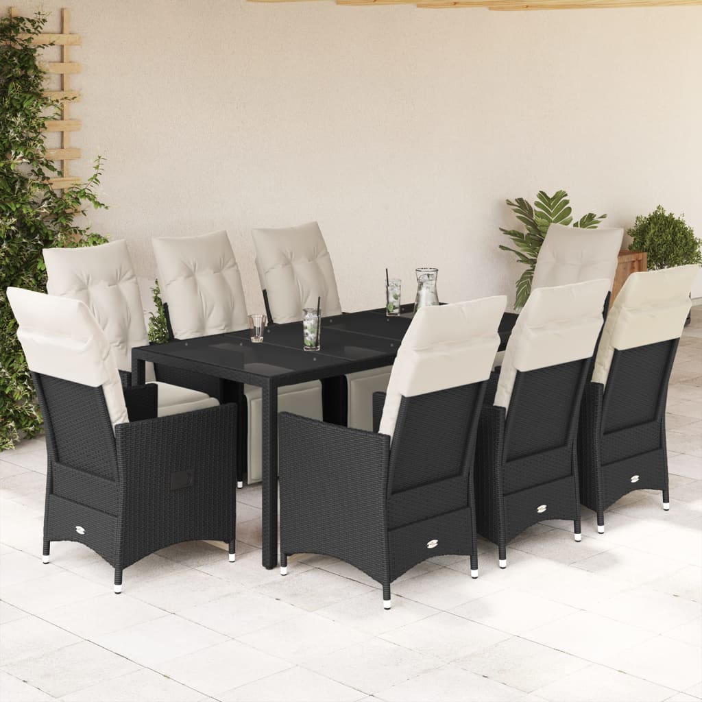9 Pcs conjunto de jantar p/ jardim c/ almofadões vime PE preto