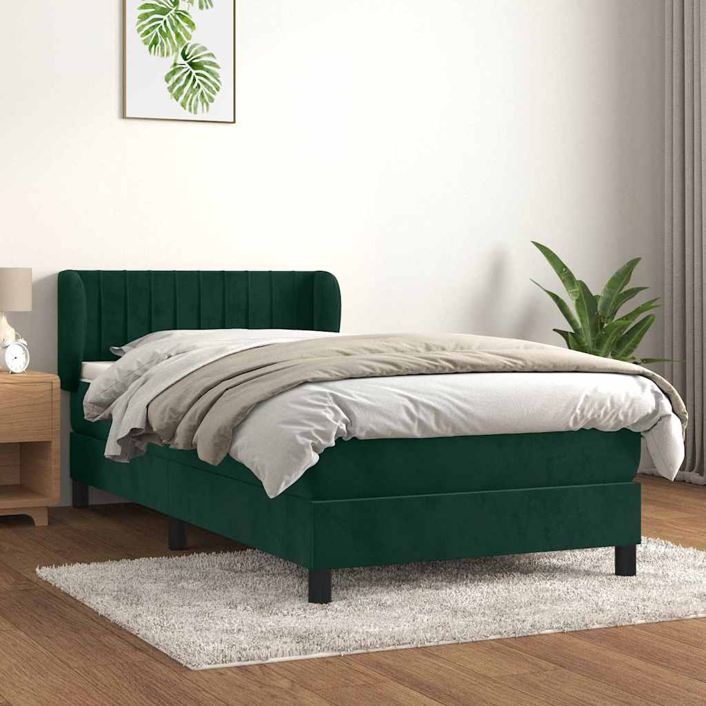 Cama com molas/colchão 90x200 cm veludo verde-escuro