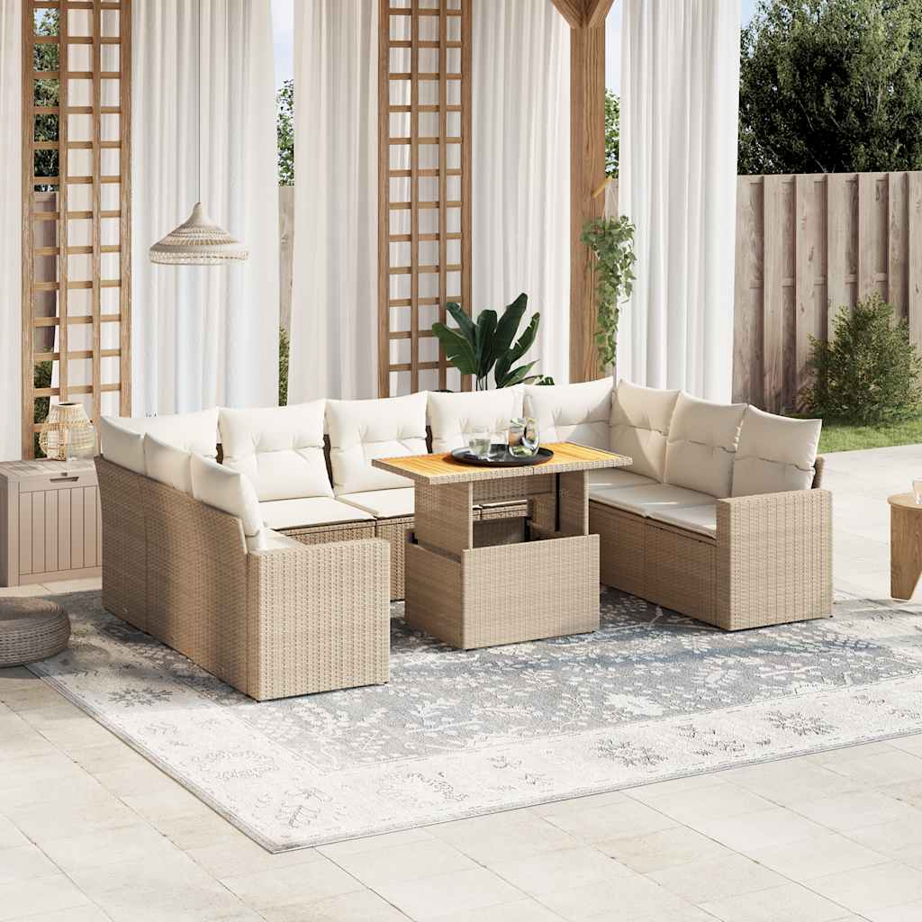10 Pcs conjunto de sofás p/ jardim com almofadões vime PE bege