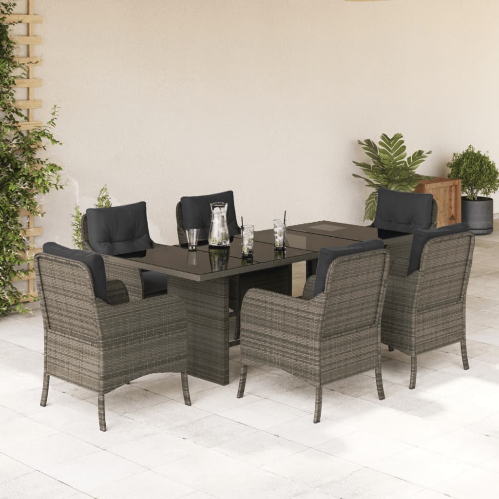 7 Pcs conjunto de jantar p/ jardim c/ almofadões vime PE cinza