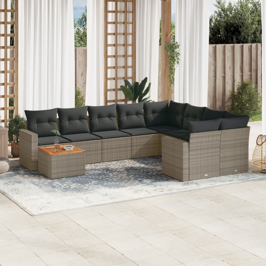 10 Pcs conjunto sofás de jardim c/ almofadões vime PE cinzento