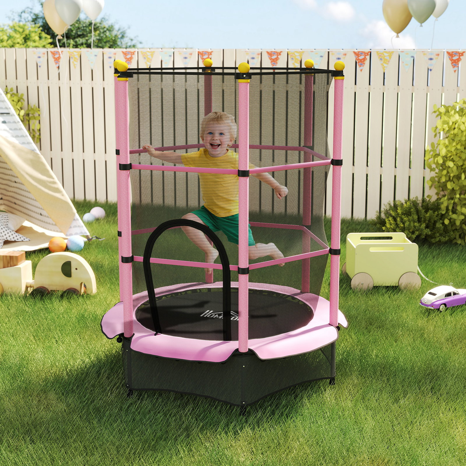 Trampolim para crianças com rede de segurança e estrutura de aço para interiores e exteriores carga 50kg ø140x190 cm rosa