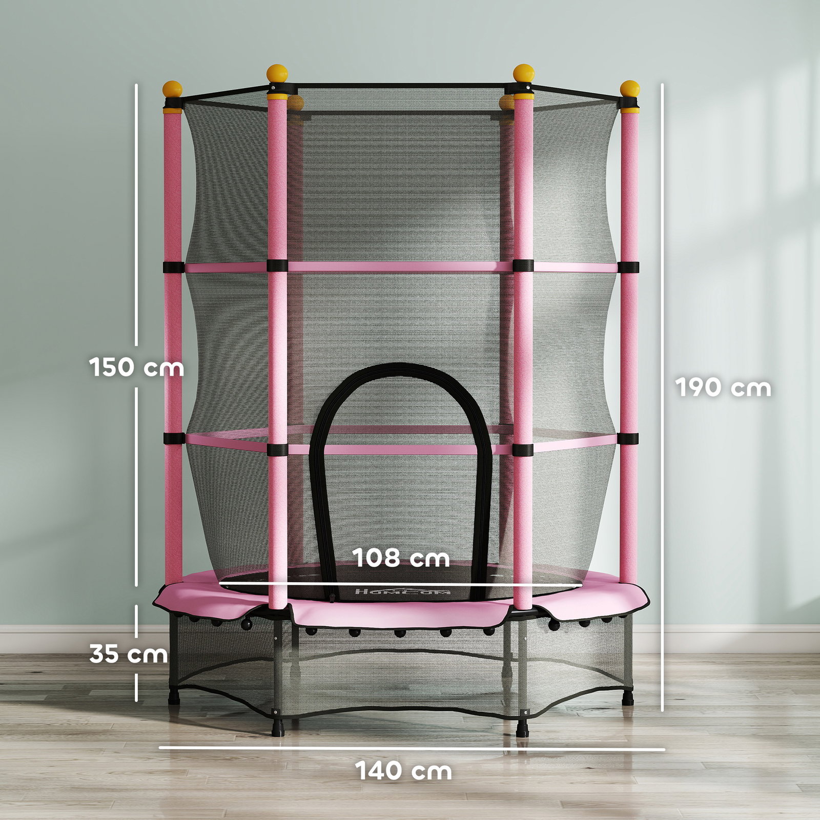 Trampolim para crianças com rede de segurança e estrutura de aço para interiores e exteriores carga 50kg ø140x190 cm rosa