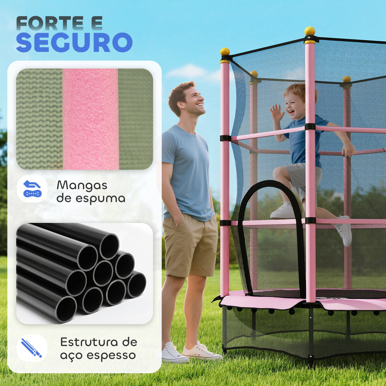 Trampolim para crianças com rede de segurança e estrutura de aço para interiores e exteriores carga 50kg ø140x190 cm rosa