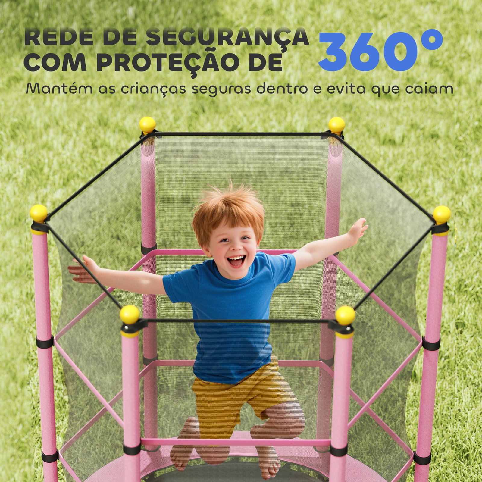 Trampolim para crianças com rede de segurança e estrutura de aço para interiores e exteriores carga 50kg ø140x190 cm rosa