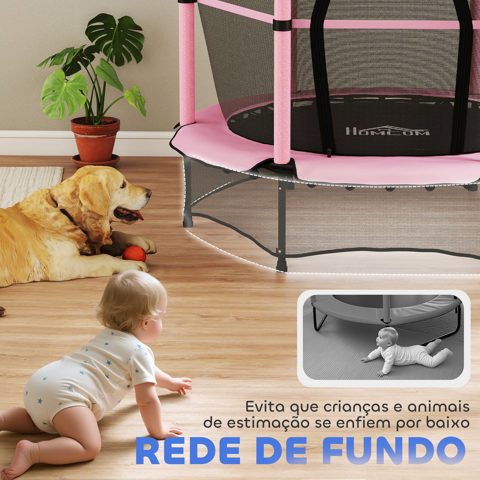 Trampolim para crianças com rede de segurança e estrutura de aço para interiores e exteriores carga 50kg ø140x190 cm rosa