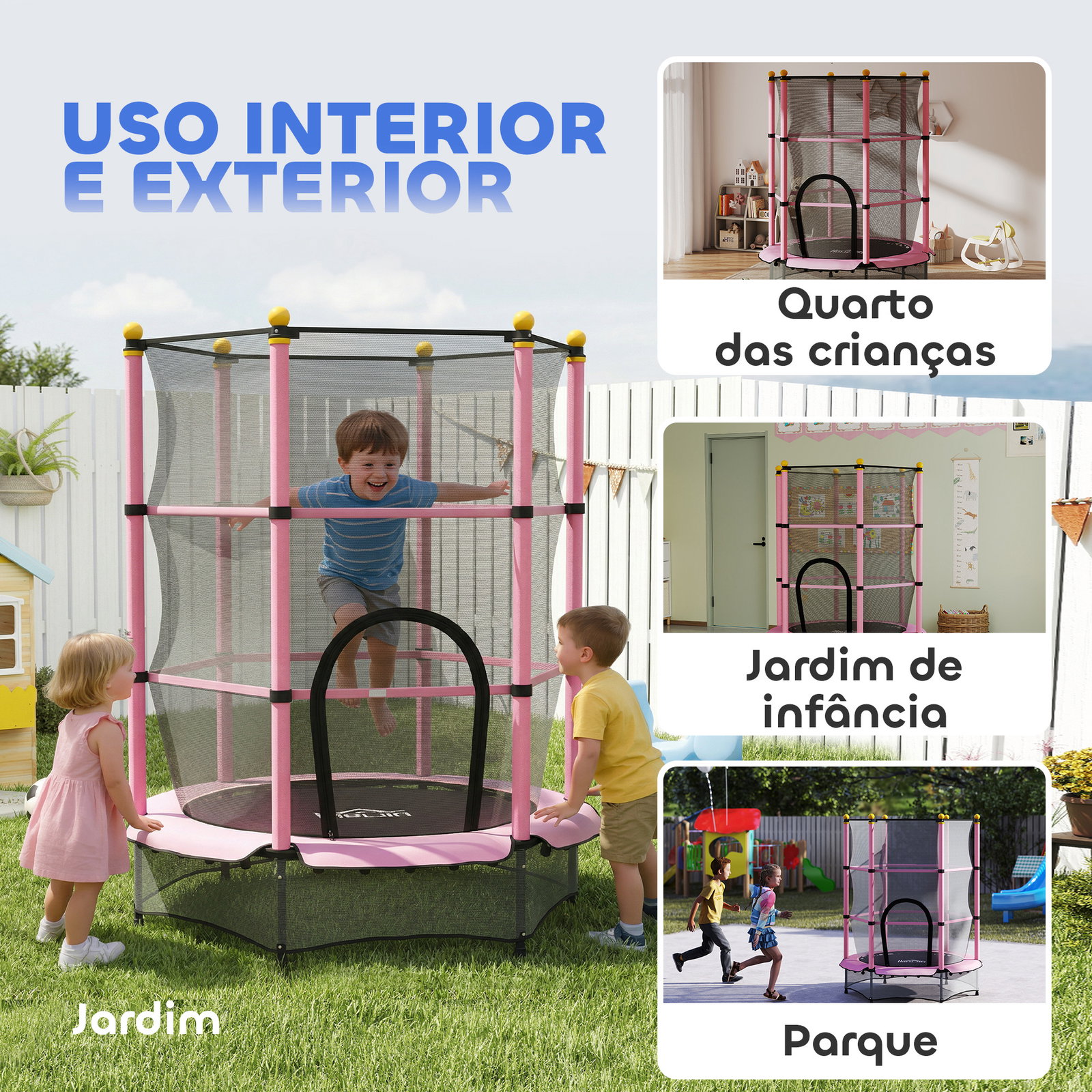 Trampolim para crianças com rede de segurança e estrutura de aço para interiores e exteriores carga 50kg ø140x190 cm rosa