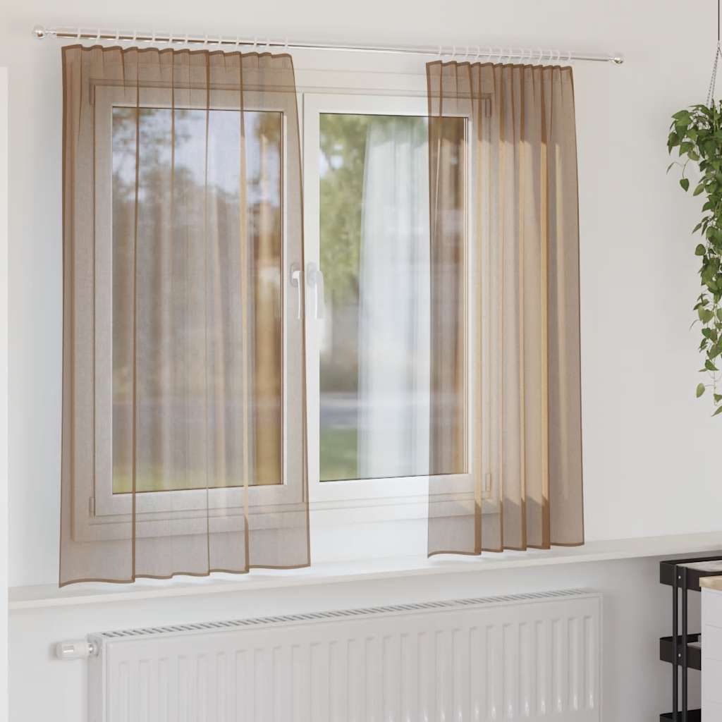 Cortinas de voile com bolsos para varão 2 pcs castanho-claro
