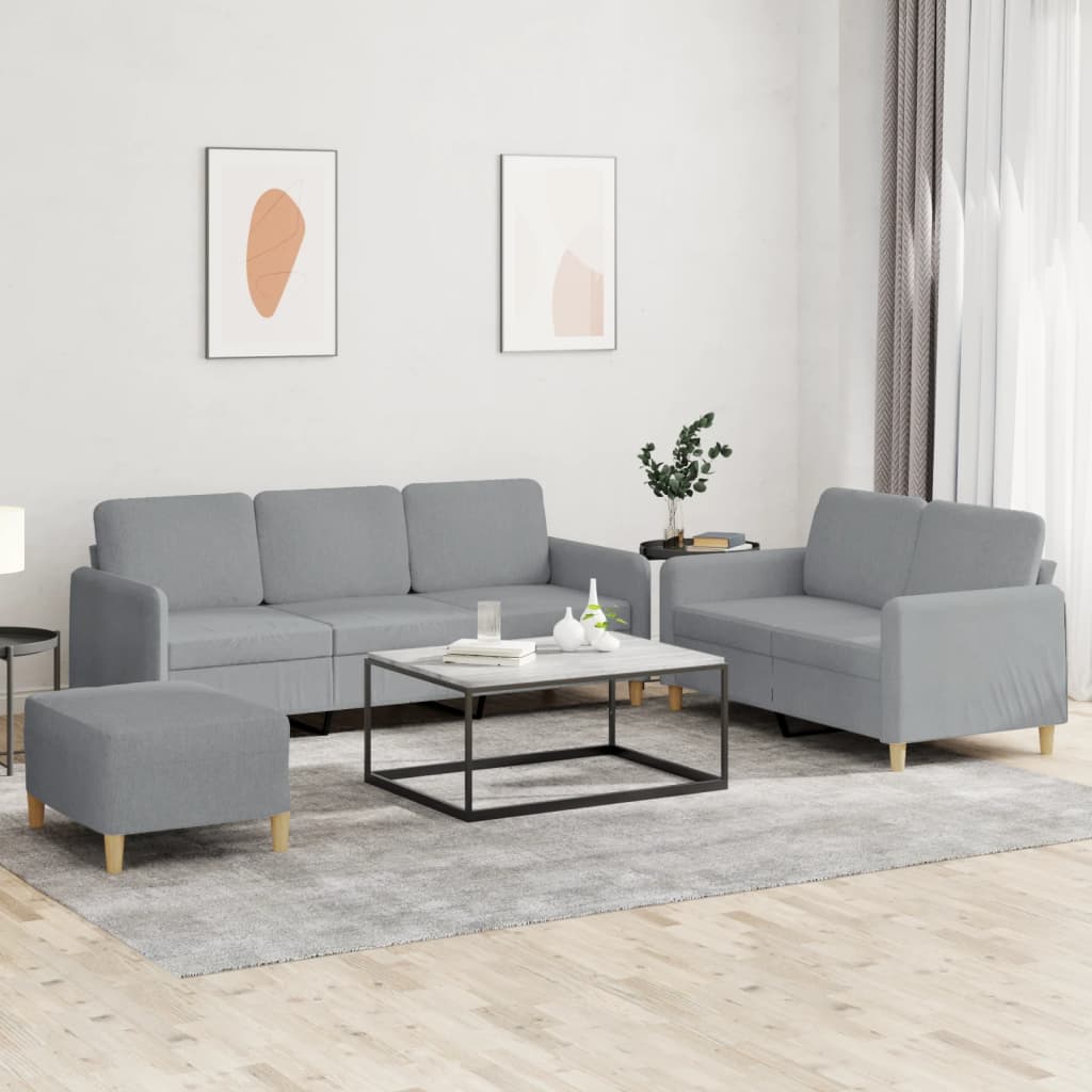 3 Pcs conjunto de sofás com almofadões tecido cinzento-claro