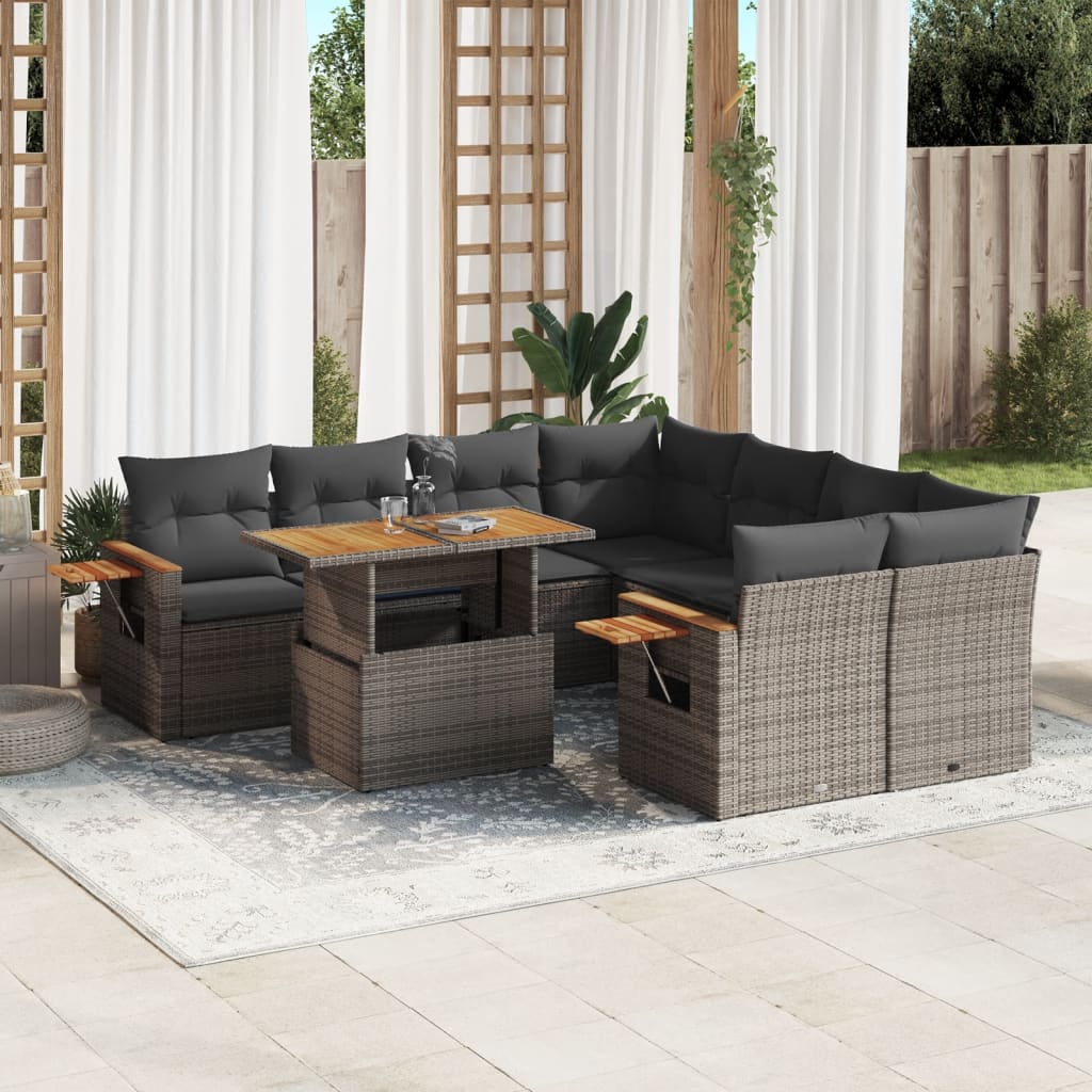 9 Pcs conjunto sofás p/ jardim com almofadões vime PE cinzento
