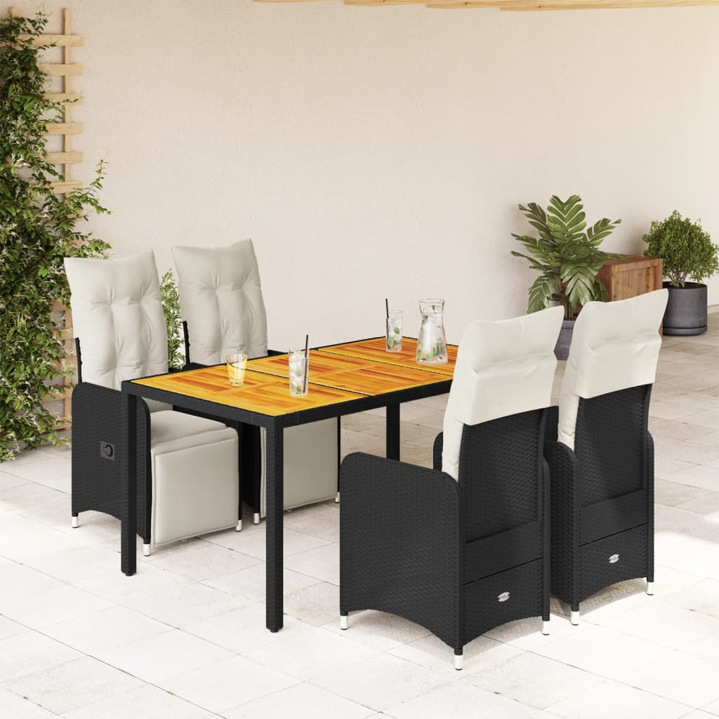 5 Pcs conjunto bistrô de jardim c/ almofadões vime PE preto
