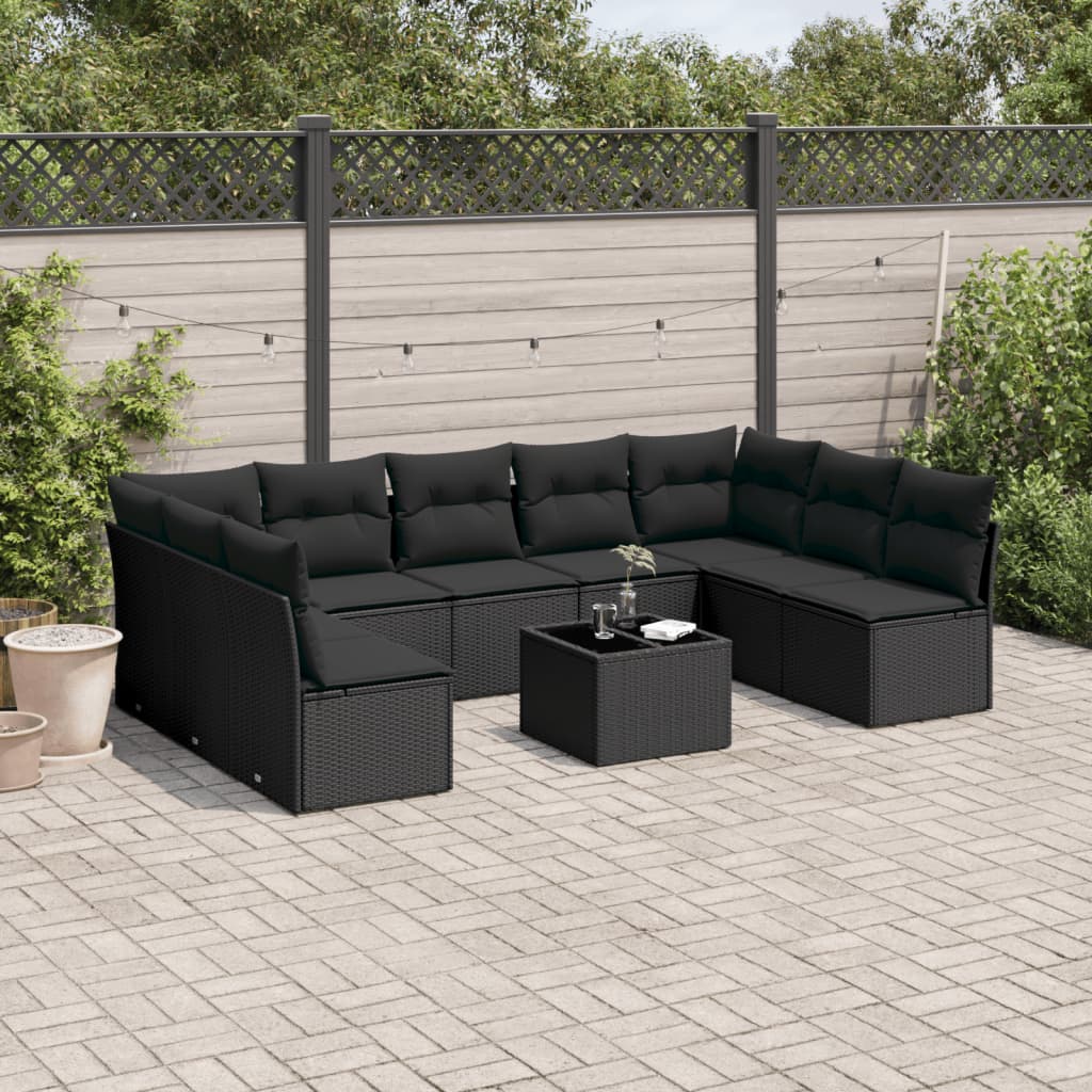 10 Pcs conjunto sofás de jardim c/ almofadões vime PE preto