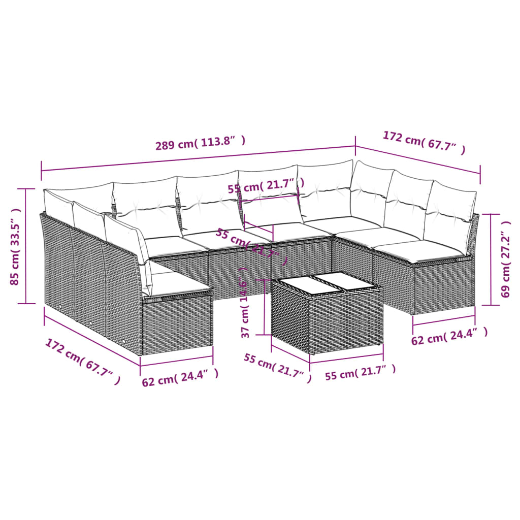 10 Pcs conjunto sofás de jardim c/ almofadões vime PE preto