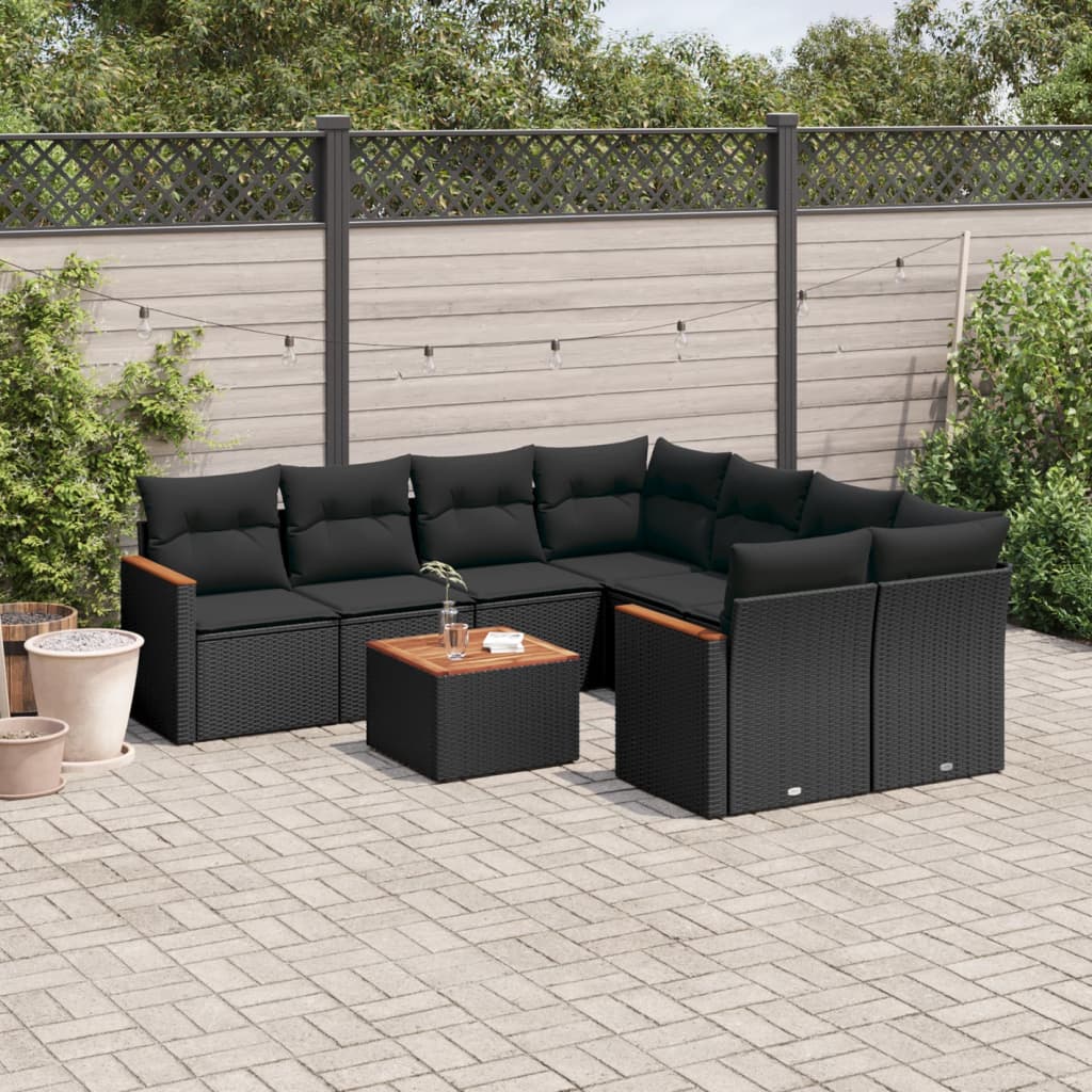9 Pcs conjunto de sofás p/ jardim c/ almofadões vime PE preto