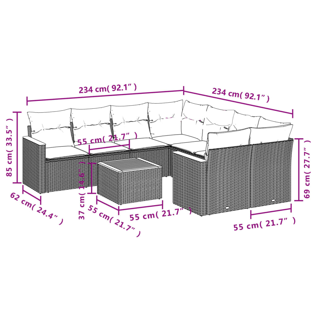 9 Pcs conjunto de sofás p/ jardim c/ almofadões vime PE preto