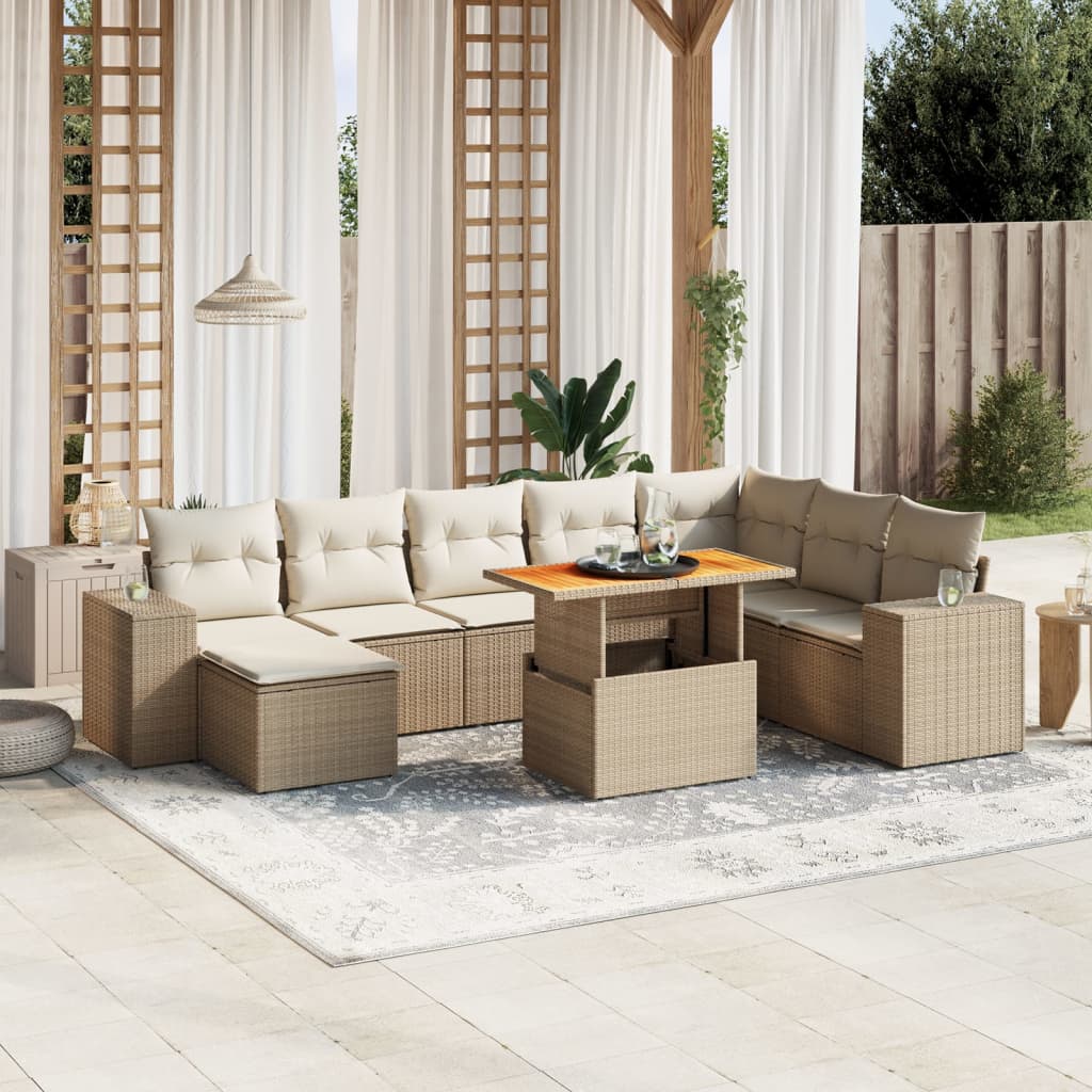 9 Pcs conjunto de sofás p/ jardim com almofadões vime PE bege