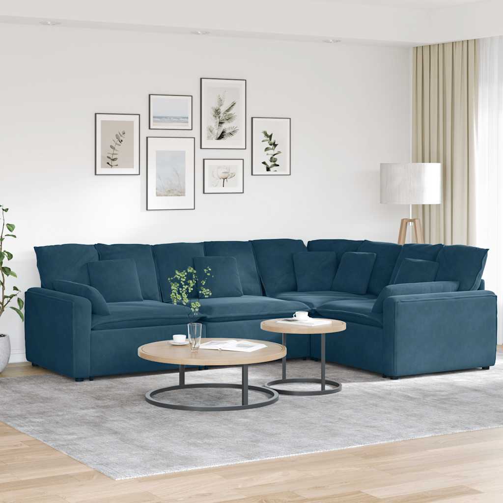 Sofá modular com almofadas veludo azul