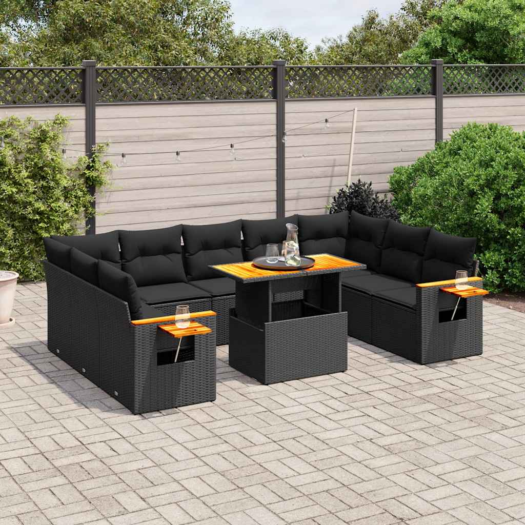 11 Pcs conjunto sofás de jardim c/ almofadões vime PE preto